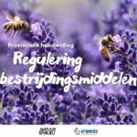 Paarse lavendelbloemen zijn op de voorgrond scherp. twee bijen vliegen naar de bloemen, één van hen zit aan de lavendel. In witte tekst staat: "Provinciale handleiding reguleren bestrijdingsmiddelen" Onder aan in een witte balk staan de logo's van Natuur&Milieu en Urgenda